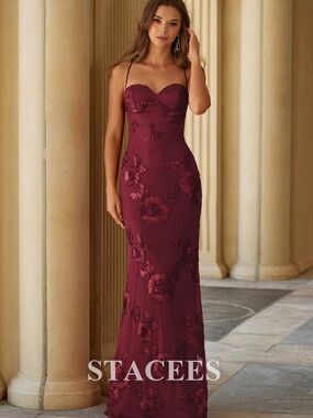 StaceeS Burgundy Fitted Floral Jacquard Spaghetti Strap Prom Gown with Open Back